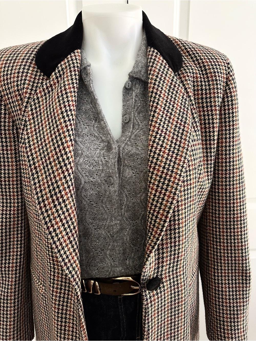 Vintage 90s Houndstooth Wool Blend Fall Blazer Jacket With Velvet Collar